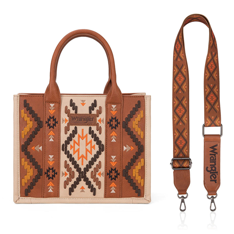 Load image into Gallery viewer, WG2214-8120BR - Wrangler Aztec Embroidered Tote/Crossbody - Brown
