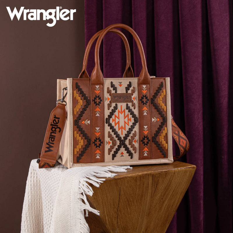 Load image into Gallery viewer, WG2214-8120BR - Wrangler Aztec Embroidered Tote/Crossbody - Brown
