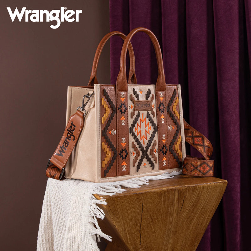 Load image into Gallery viewer, WG2214-8120BR - Wrangler Aztec Embroidered Tote/Crossbody - Brown
