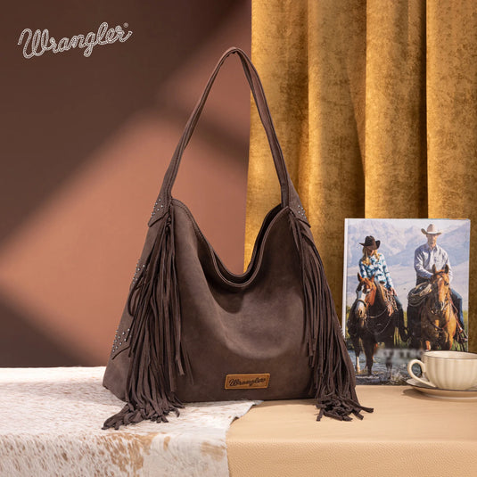 WG244-9182CF - Wrangler Fringe Studded Hobo Bag - Coffee