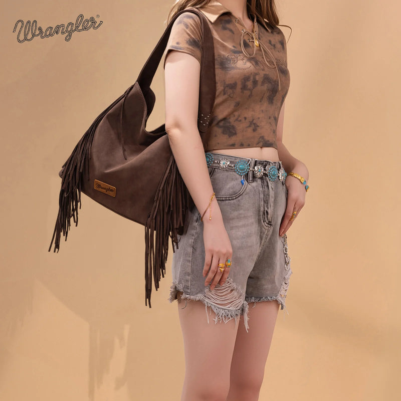 Load image into Gallery viewer, WG244-9182CF - Wrangler Fringe Studded Hobo Bag - Coffee
