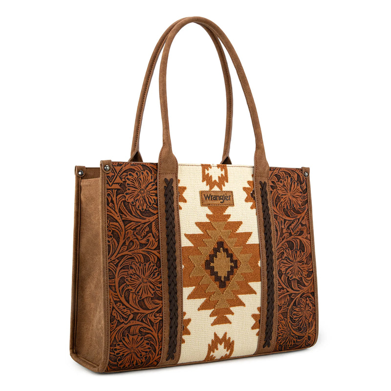 Load image into Gallery viewer, WG226G-8119BR - Wrangler Tooled Aztec Pattern Print Concealed Carry Large Tote
