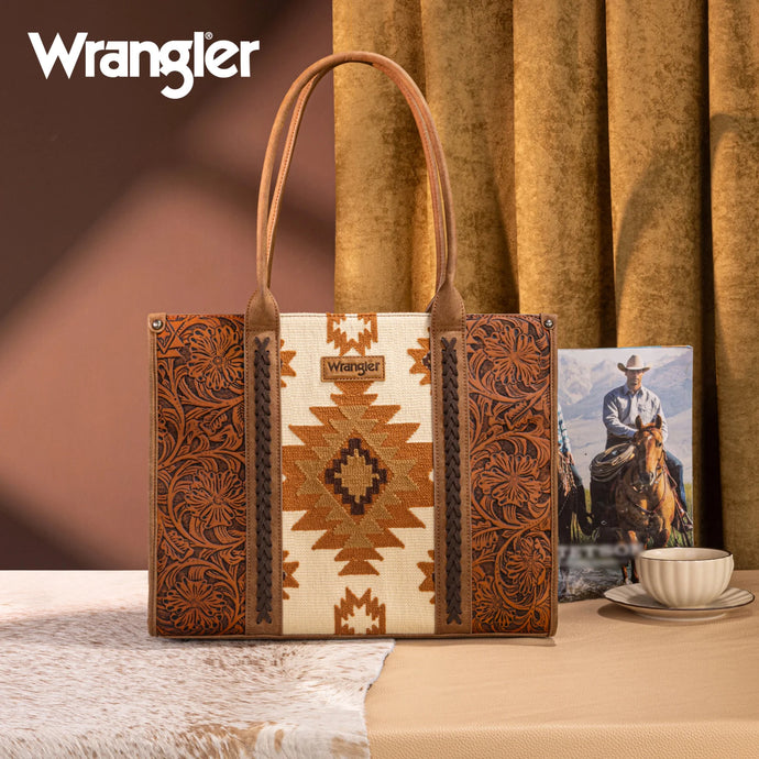 WG226G-8119BR - Wrangler Tooled Aztec Pattern Print Concealed Carry Large Tote