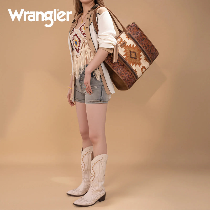 Load image into Gallery viewer, WG226G-8119BR - Wrangler Tooled Aztec Pattern Print Concealed Carry Large Tote
