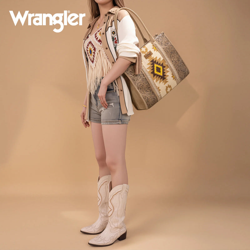 Load image into Gallery viewer, WG226G-8119TN - Wrangler Tooled Aztec Pattern Print Concealed Carry Large Tote
