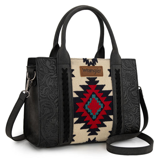 WG226-8120BK - Wrangler Tooled Aztec Pattern Print Concealed Carry Tote/Crossbody