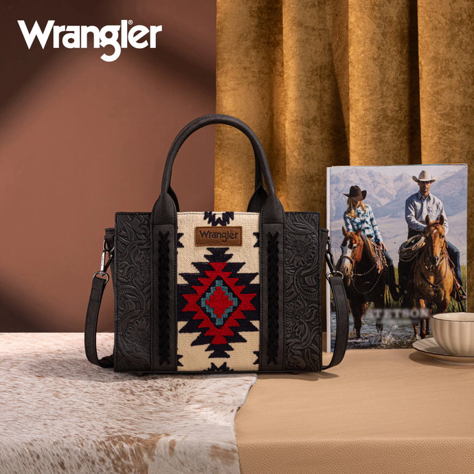 WG226-8120BK - Wrangler Tooled Aztec Pattern Print Concealed Carry Tote/Crossbody