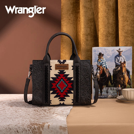 WG226-8120BK - Wrangler Tooled Aztec Pattern Print Concealed Carry Tote/Crossbody