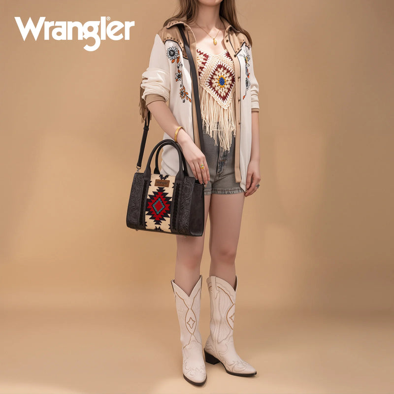 Load image into Gallery viewer, WG226-8120BK - Wrangler Tooled Aztec Pattern Print Concealed Carry Tote/Crossbody
