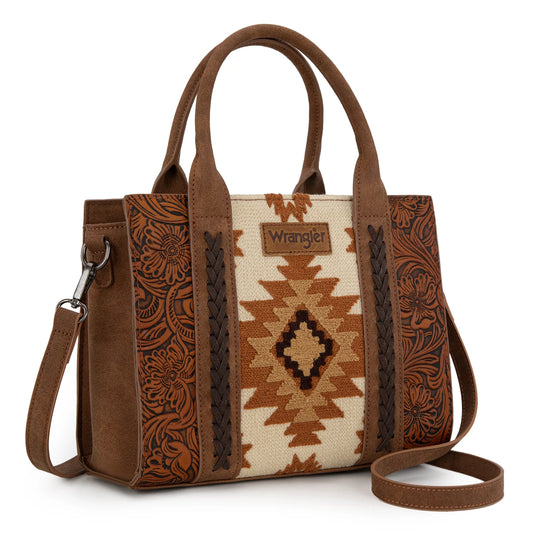 WG226-8120BR - Wrangler Tooled Aztec Pattern Print Concealed Carry Tote/Crossbody