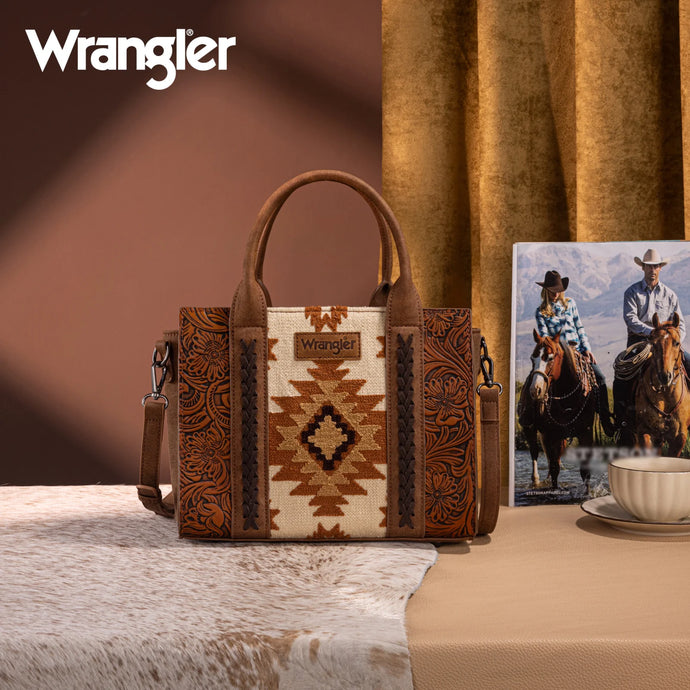 WG226-8120BR - Wrangler Tooled Aztec Pattern Print Concealed Carry Tote/Crossbody