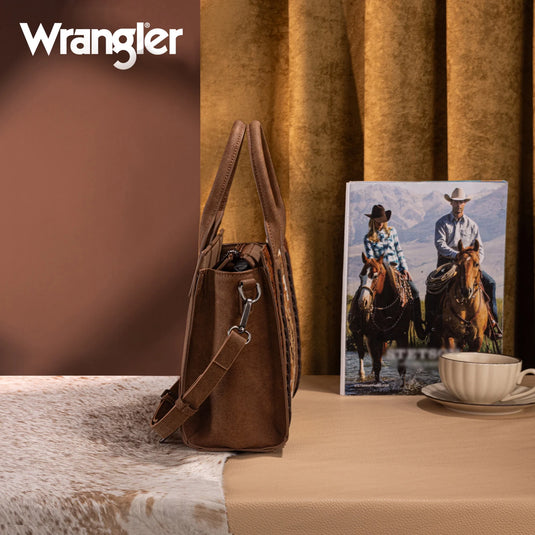 WG226-8120BR - Wrangler Tooled Aztec Pattern Print Concealed Carry Tote/Crossbody