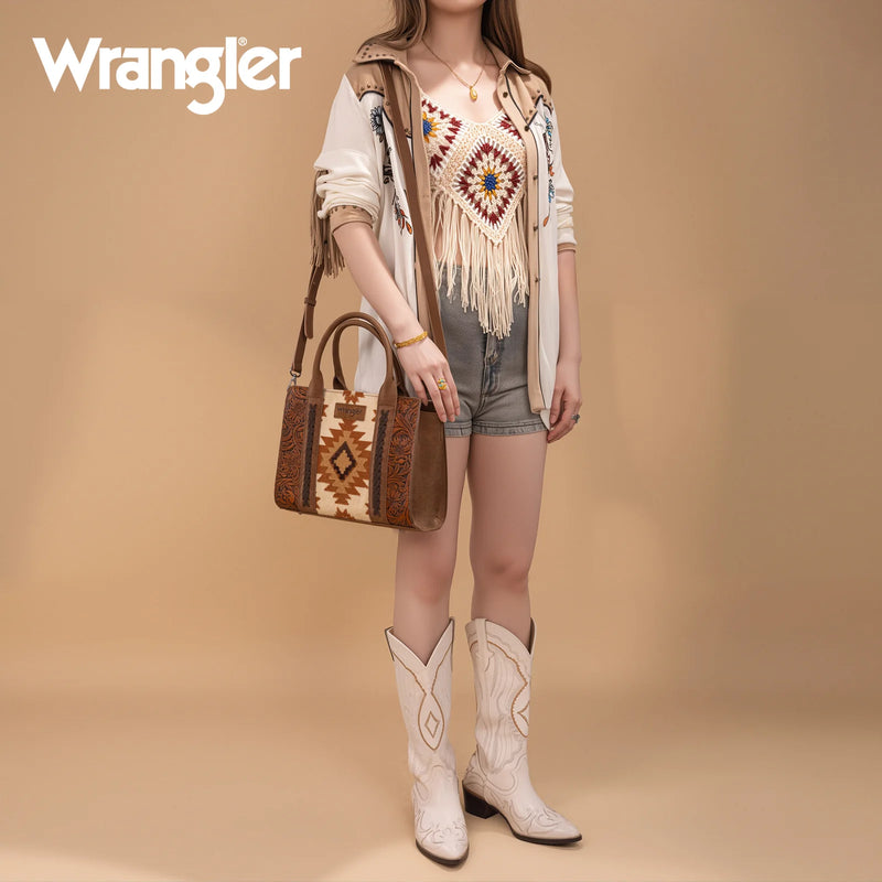 Load image into Gallery viewer, WG226-8120BR - Wrangler Tooled Aztec Pattern Print Concealed Carry Tote/Crossbody
