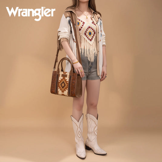 WG226-8120BR - Wrangler Tooled Aztec Pattern Print Concealed Carry Tote/Crossbody
