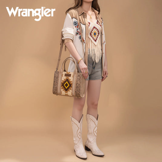 WG226-8120TN - Wrangler Tooled Aztec Pattern Print Concealed Carry Tote/Crossbody