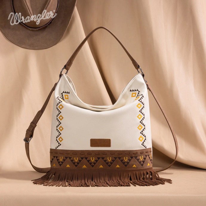 WG233-2001BG - Wrangler Aztec Embroidered Fringe Large Hobo/Crossbody Bag