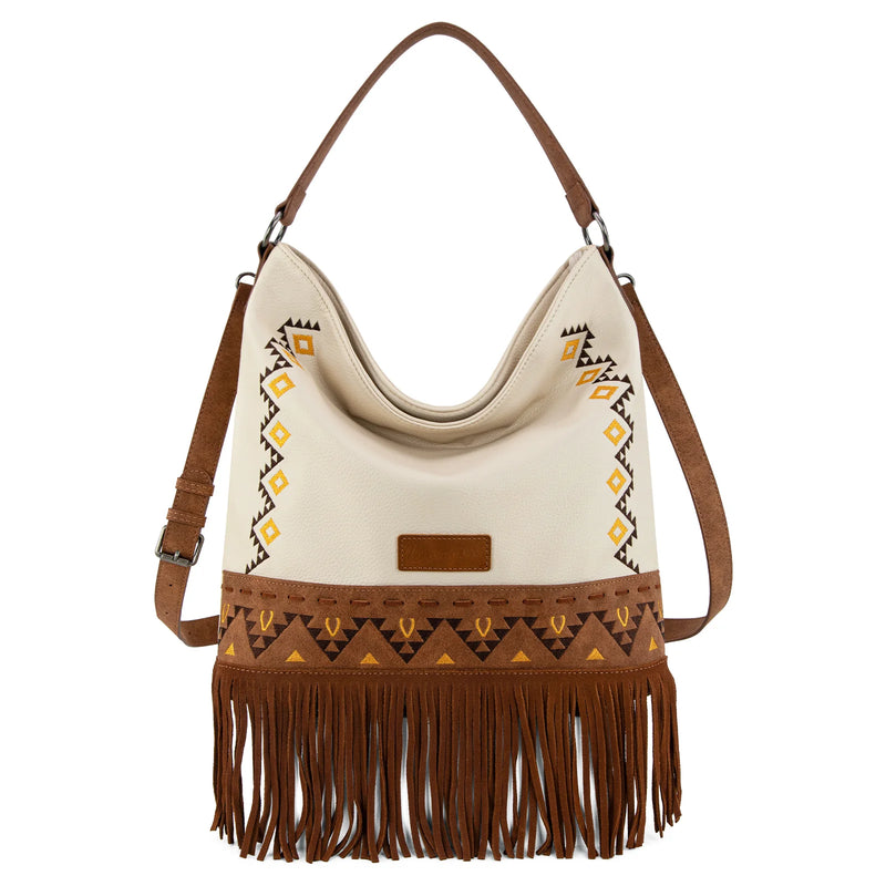 Load image into Gallery viewer, WG233-2001BG - Wrangler Aztec Embroidered Fringe Large Hobo/Crossbody Bag
