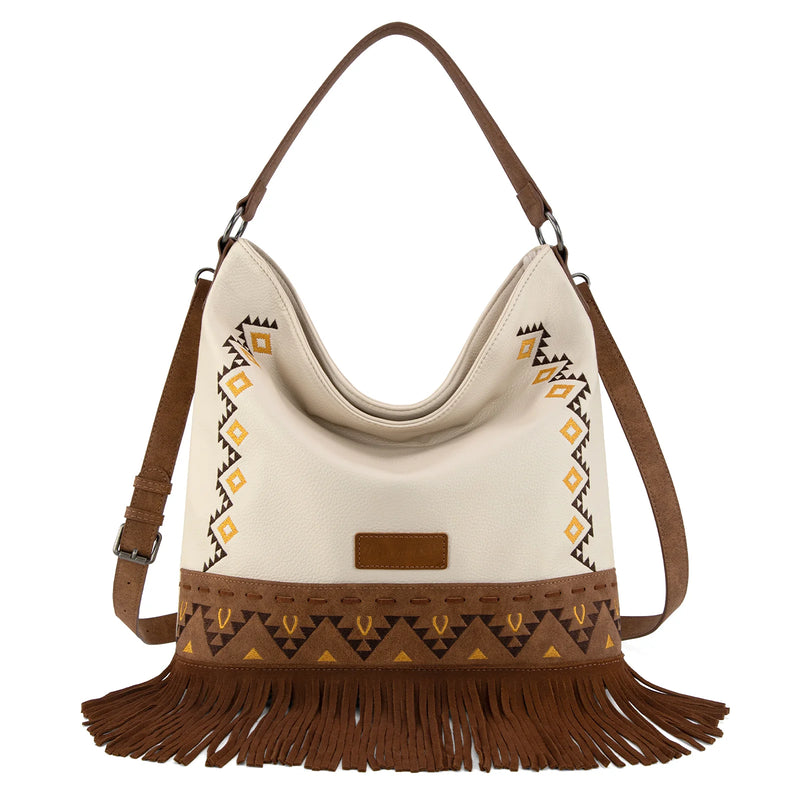 Load image into Gallery viewer, WG233-2001BG - Wrangler Aztec Embroidered Fringe Large Hobo/Crossbody Bag
