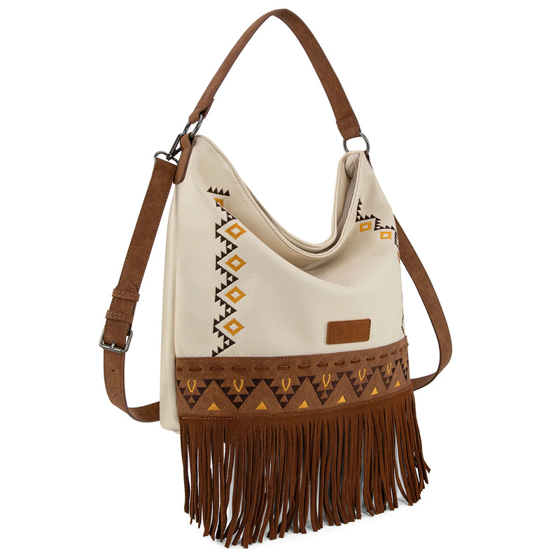 Load image into Gallery viewer, WG233-2001BG - Wrangler Aztec Embroidered Fringe Large Hobo/Crossbody Bag
