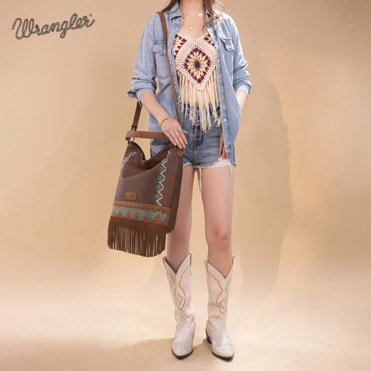 WG233-2001BR - Wrangler Aztec Embroidered Fringe Large Hobo/Crossbody Bag