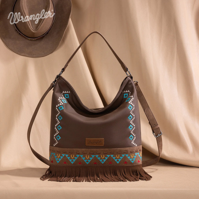 WG233-2001BR - Wrangler Aztec Embroidered Fringe Large Hobo/Crossbody Bag