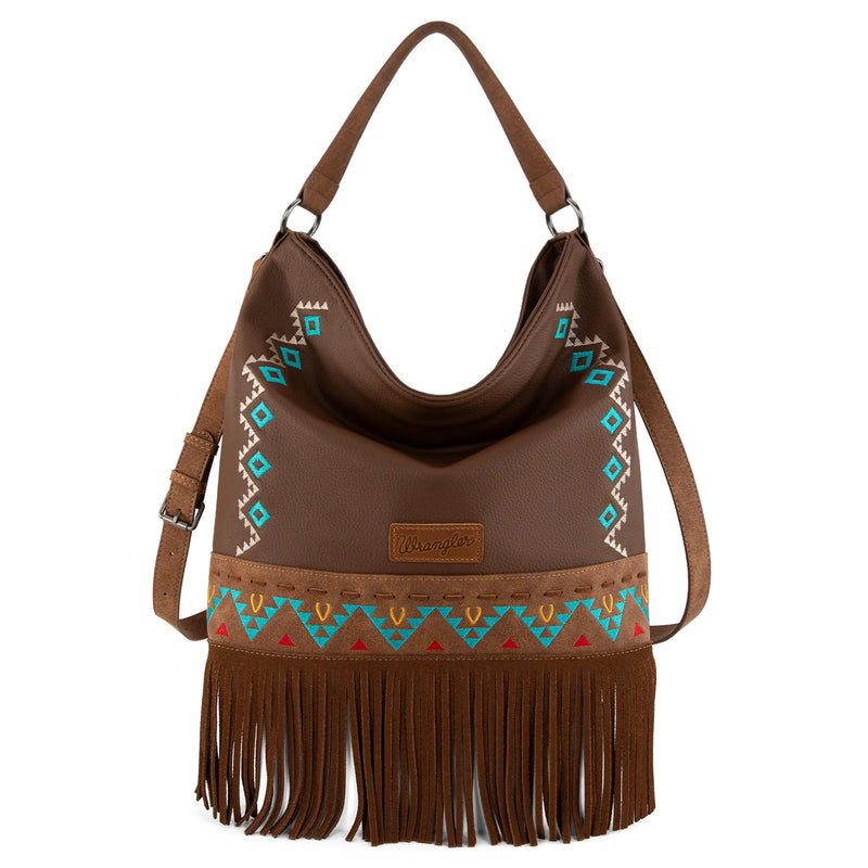 Load image into Gallery viewer, WG233-2001BR - Wrangler Aztec Embroidered Fringe Large Hobo/Crossbody Bag
