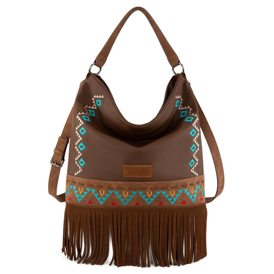 WG233-2001BR - Wrangler Aztec Embroidered Fringe Large Hobo/Crossbody Bag