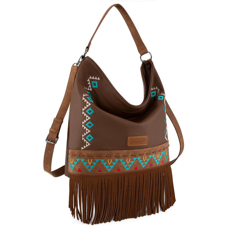 Load image into Gallery viewer, WG233-2001BR - Wrangler Aztec Embroidered Fringe Large Hobo/Crossbody Bag
