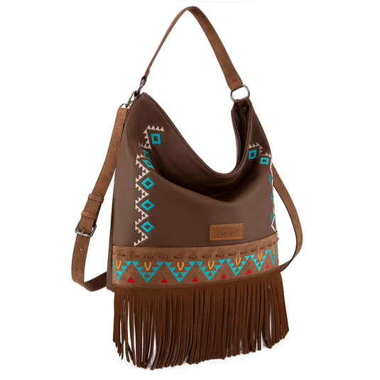 WG233-2001BR - Wrangler Aztec Embroidered Fringe Large Hobo/Crossbody Bag