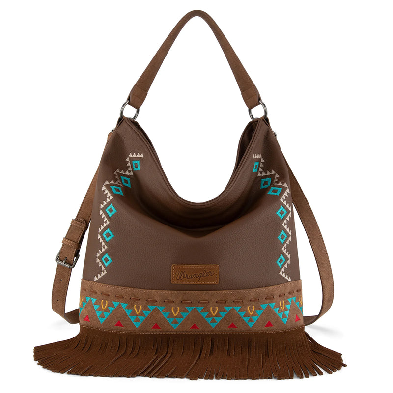 Load image into Gallery viewer, WG233-2001BR - Wrangler Aztec Embroidered Fringe Large Hobo/Crossbody Bag
