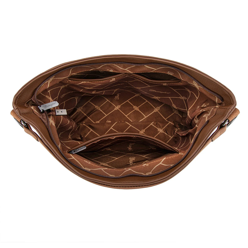 Load image into Gallery viewer, WG233-2001BR - Wrangler Aztec Embroidered Fringe Large Hobo/Crossbody Bag
