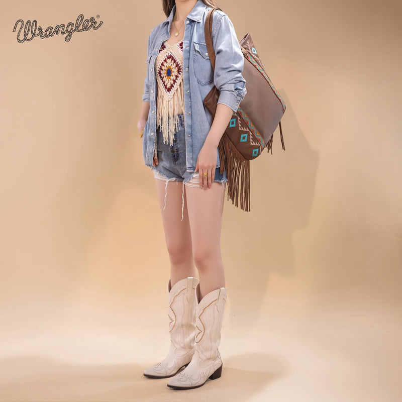 Load image into Gallery viewer, WG233-2002BR - Wrangler Aztec Embroidered Large Tote Bag - Brown
