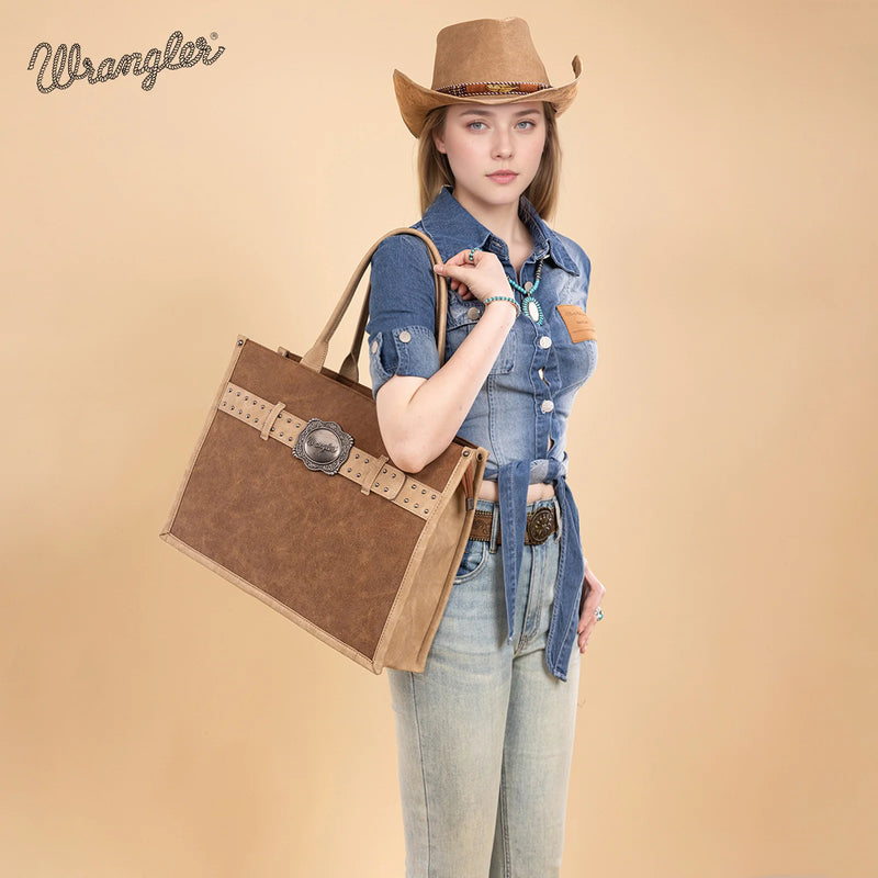 Load image into Gallery viewer, WG250-8119BR - Wrangler Buckle Concealed Carry Large Tote - Brown
