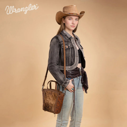 WG252-8014BR - Wrangler Genuine Hair-On Cowhide Tote/Crossbody - Brown