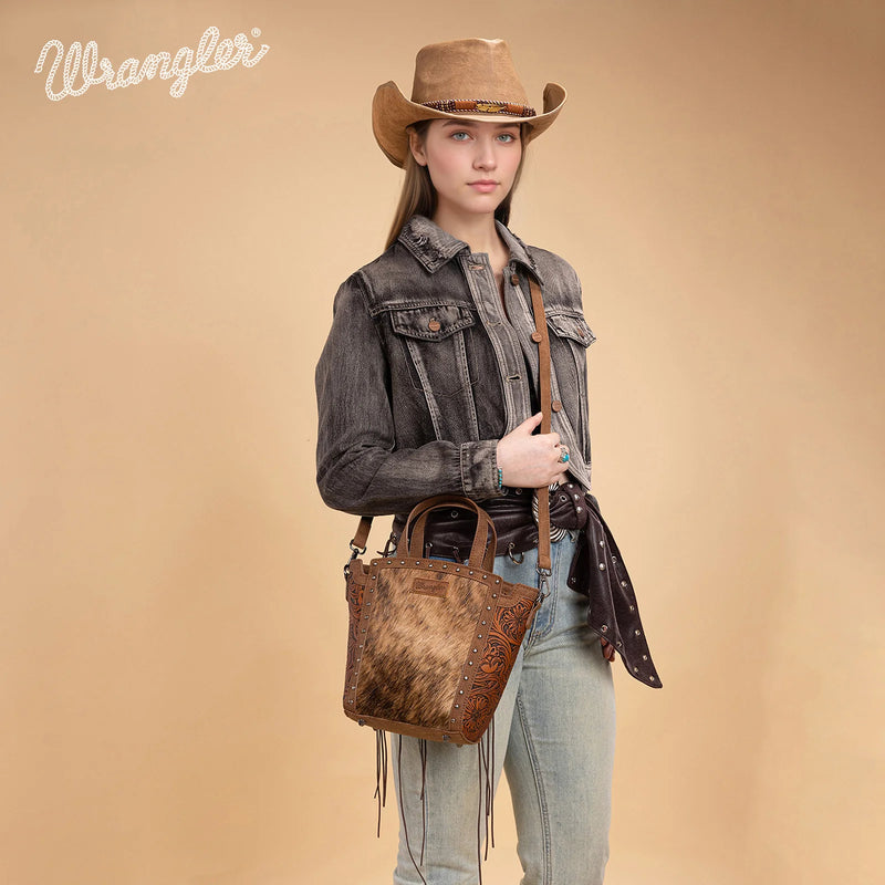 Load image into Gallery viewer, WG252-8014BR - Wrangler Genuine Hair-On Cowhide Tote/Crossbody - Brown
