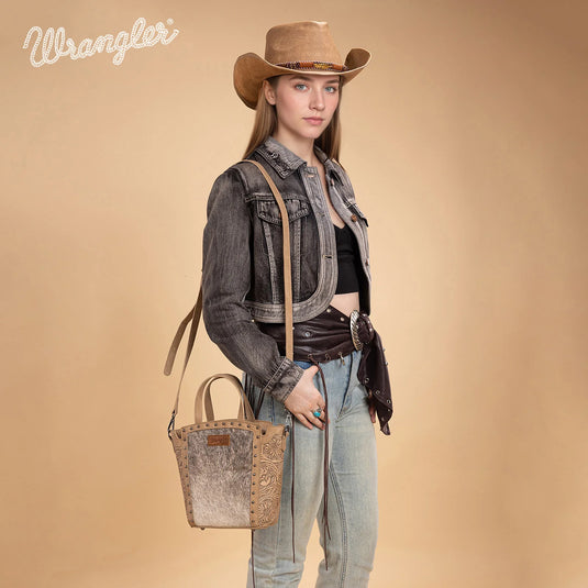 WG252-8014TN - Wrangler Genuine Hair-On Cowhide Tote/Crossbody - Tan