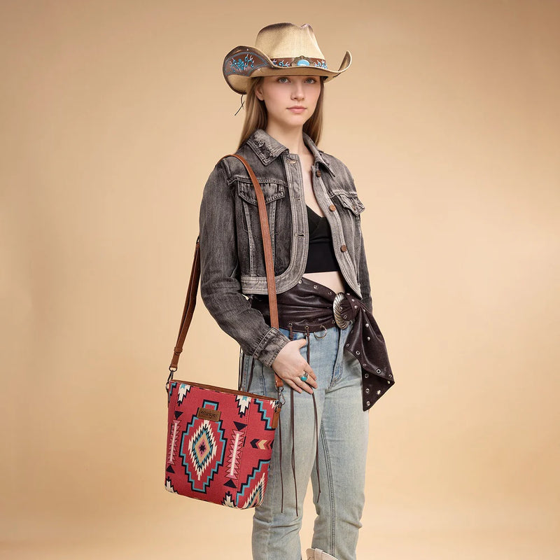 Load image into Gallery viewer, WG261-2003BDY - Wrangler Aztec Print Crossbody Bag - Burgundy
