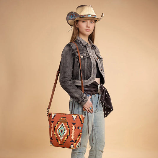 WG261-2003BR - Wrangler Aztec Print Crossbody Bag - Brown