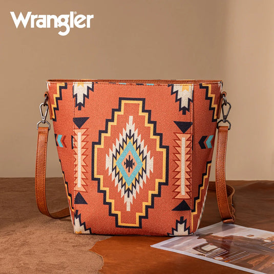 WG261-2003BR - Wrangler Aztec Print Crossbody Bag - Brown