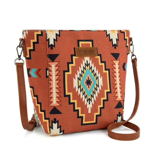 WG261-2003BR - Wrangler Aztec Print Crossbody Bag - Brown