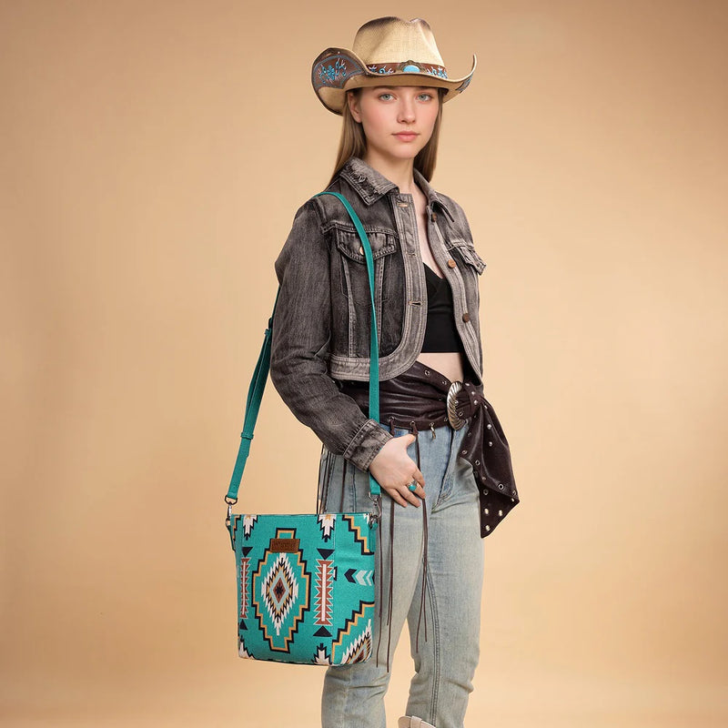 Load image into Gallery viewer, WG261-2003TQ - Wrangler Aztec Print Crossbody Bag - Turquoise
