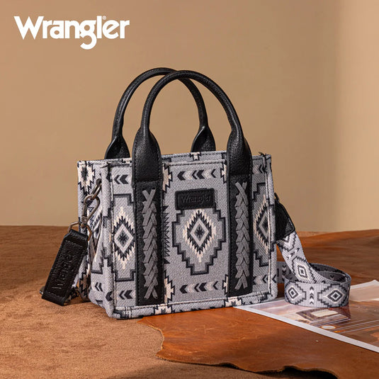 WG261-8866SBK - Wrangler Aztec Print Braided Detail Tote Bag - Black
