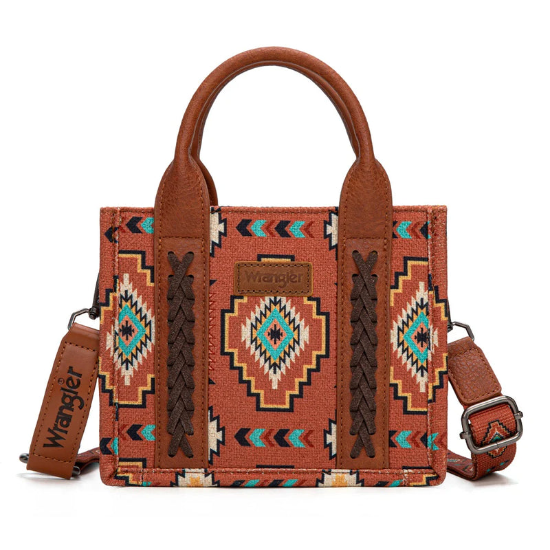 Load image into Gallery viewer, WG261-8866SBR - Wrangler Aztec Print Braided Detail Tote Bag - Brown
