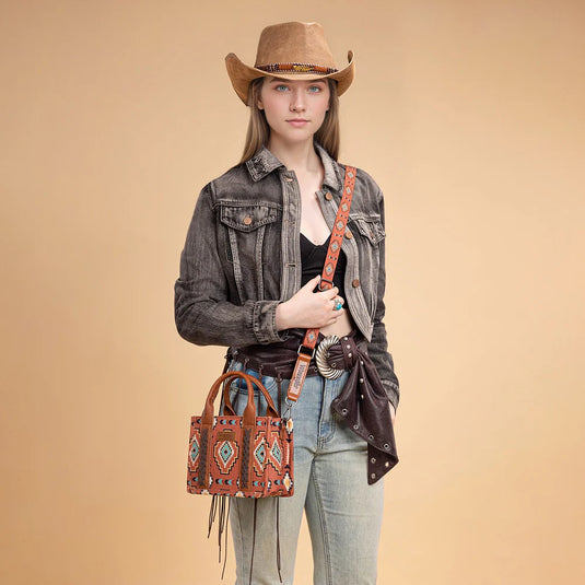 WG261-8866SBR - Wrangler Aztec Print Braided Detail Tote Bag - Brown