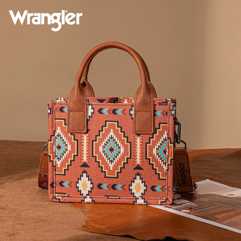 Load image into Gallery viewer, WG261-8866SBR - Wrangler Aztec Print Braided Detail Tote Bag - Brown
