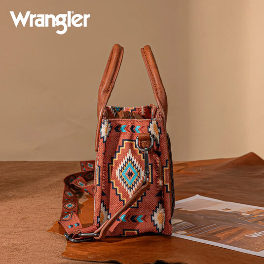 WG261-8866SBR - Wrangler Aztec Print Braided Detail Tote Bag - Brown