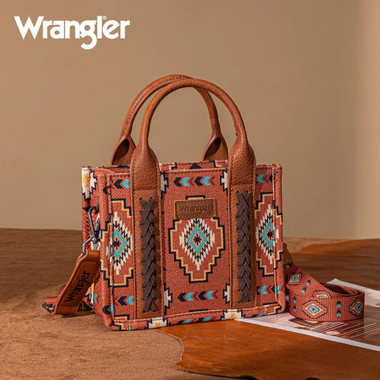 WG261-8866SBR - Wrangler Aztec Print Braided Detail Tote Bag - Brown