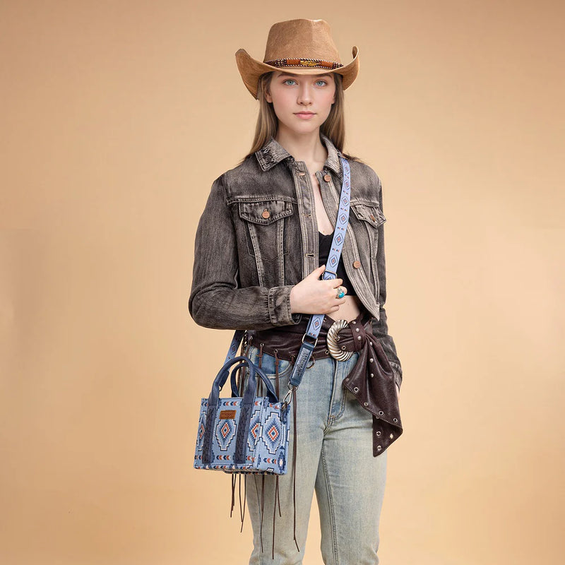 Load image into Gallery viewer, WG261-8866SJN - Wrangler Aztec Print Braided Detail Tote Bag - Jean
