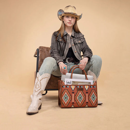 WG261G-8110BR - Wrangler Aztec Print Canvas Tote Bag - Brown
