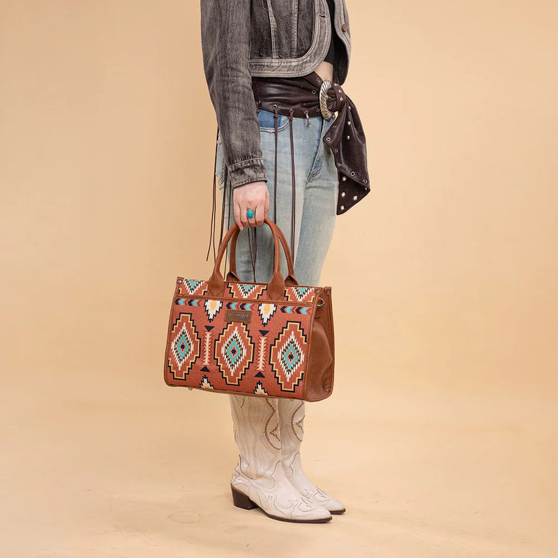 Load image into Gallery viewer, WG261G-8110BR - Wrangler Aztec Print Canvas Tote Bag - Brown
